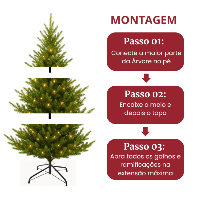 Árvore de Natal 2,10m de Altura - 1.286 Galhos - com luzes LED